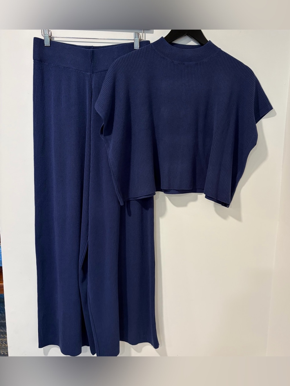 By Together Navy Ribbed Wide Leg Pants & Boxy Cropped Top Set